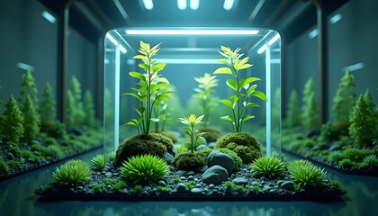 Green plants thrive in a glass cube with moss stones  reflection A miniature forest stretches behind