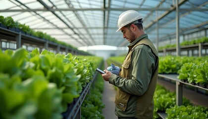 Man in a greenhouse with lettuce using a smartphone wearing a white hard hat