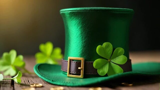 St. Patrick's Day hat displays an emerald green leprechaun hat. St. Patrick's Day preparation includes shamrocks and golden coins scattered on a wooden table, suggesting luck o' the Irish.