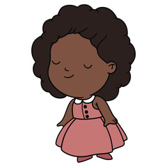 Hand drawn cartoon cute little african american girl in dress on white background.