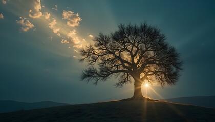 Silhouette of a bare tree against a radiant sunset with sunlight streaming through branches and illuminating the ground