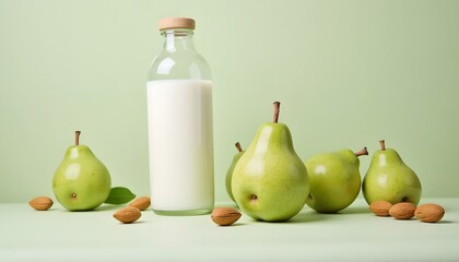Milk bottle is surrounded by ripe green pears  almonds on light green surface