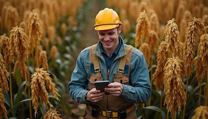 Smiling man in yellow hard hat types on tablet in field of tan sorghum wearing blue jacket