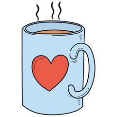Hand drawn cartoon blue mug of coffee with red heart on white background.