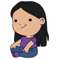 Hand drawn cartoon sitting cute little caucasian girl on white background.