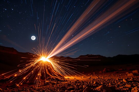 Celestial Symphony: A stunning nighttime scene capturing the dramatic dance of light. Intense bursts of light erupt from a central source against the backdrop of a starlit sky and a serene moon.