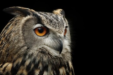 Side profile portrait of an eagle owl against a dark backdrop