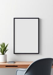 A minimalist mockup of a frame showcasing an ISO A size poster designed for home office wall decor featuring an interior design office backdrop A 3D rendered image  professional presentation blank emp