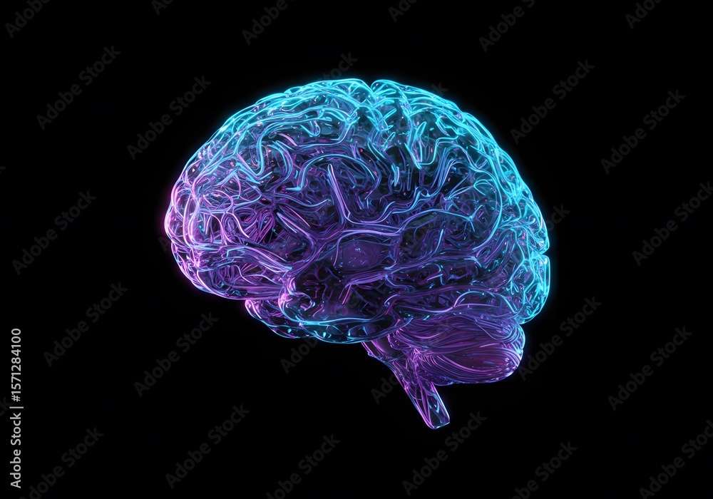 Poster exploring the intricate digital network of the human brain represented by glowing neon lines and dot