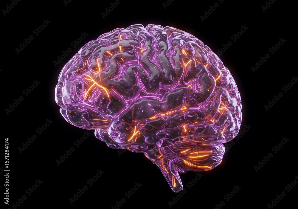 Poster abstract visualization of a human brain with glowing neural pathways and intricate connections creat