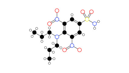 oryzalin molecule, structural chemical formula, ball-and-stick model, isolated image herbicide