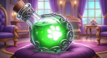 Glowing Green Potion with Paw Print Symbol | Magic Elixir for Healing and Fantasy Game Assets
