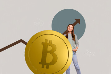 Full 3d magazine picture collage image of happy businessman businesswoman stand arrow progress...