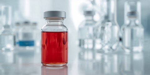Close up of a vial filled with red liquid on a reflective surface in a laboratory setting blurred