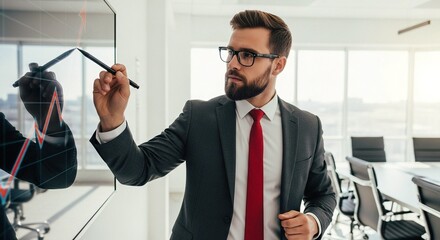 Focused Businessman Analyzing Data on Interactive Whiteboard