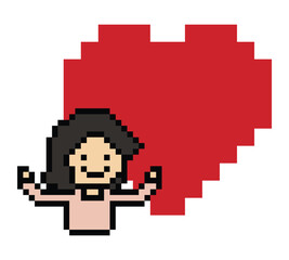 Cute pixel cartoon 8bit character woman lady feel love happy happiness heart emotion decoration in love 8 bit female girl happy favorite like mood game isolated PNG vector.