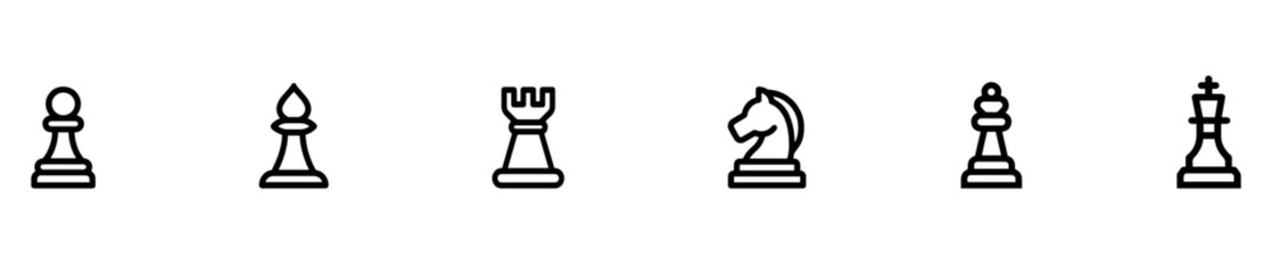 Chess piece icons set. Board game. Line set of chess vector icon for web design isolated on white background. King, queen, bishop, pawn, horse, knight, rook. Vector Illustration. EPS 10
