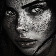 Chrome Elegance: A Woman's Metallic Skin Captured in a Moody Black and White Shot, portrait of a young woman