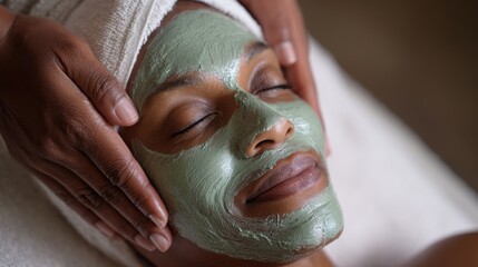 A blissful spa moment captures a Black woman indulging in a green clay mask for her facial rejuvenation. A professional therapist offers a comforting massage embodying the essence of