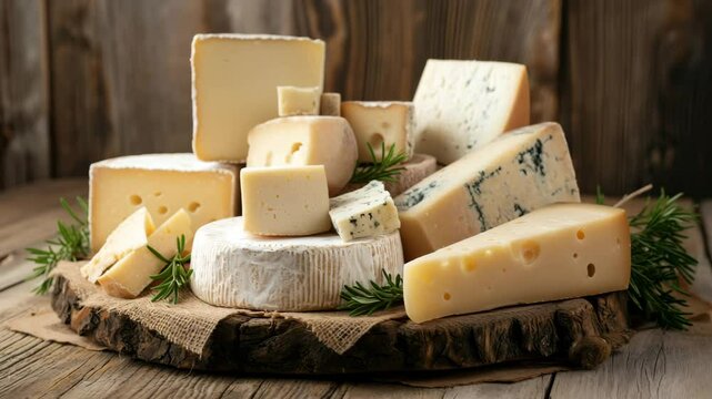 Assorted cheeses displayed artistically on a rustic wooden board with fresh herbs in an inviting setting