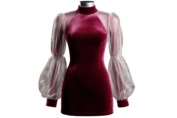 Maroon velvet mini dress with sheer sleeves isolated on transparent background