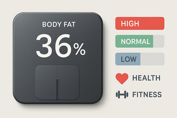 36 percent. Digital display shows 36% body fat with indicators for high, normal, and low levels alongside health and fitness icons.