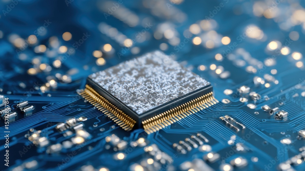 Poster conceptual image of an artificial intelligence chip on a radiant blue pcb representing the future of