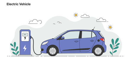 Naklejka premium Blue electric car charging next to a charging station
