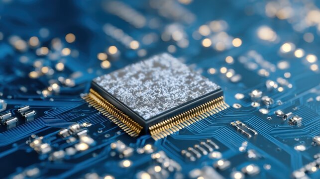 Conceptual image of an artificial intelligence chip on a radiant blue PCB representing the future of technology and the transformative power of machine learning and neural networks.