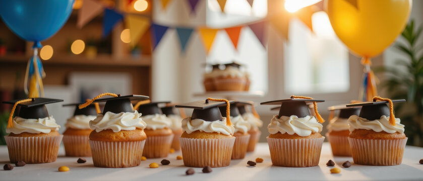 Graduation cupcakes decorated with small caps, colorful balloons, and festive bunting create joyful celebration atmosphere