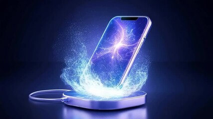 Futuristic smartphone with glowing screen levitating above wireless charging pad, blue neon light, digital energy effect, modern technology innovation, wireless charging pad, smartphone - Powered by Adobe