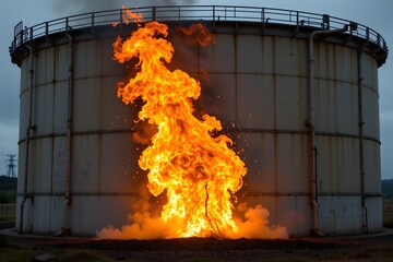 Obraz premium Fireball Fury: A towering storage tank is engulfed in an inferno, its metallic structure silhouetted against a backdrop of smoky skies and the raw, untamed energy of the flames.