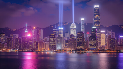 Fototapeta premium Vibrant city skyline at night showcases illuminated skyscrapers reflecting on water, with beams of light piercing sky, creating stunning visual