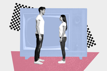 Obraz premium Image trendy art banner collage of two happy girl guy dance together retro tv screen channel disco valentine holiday feelings