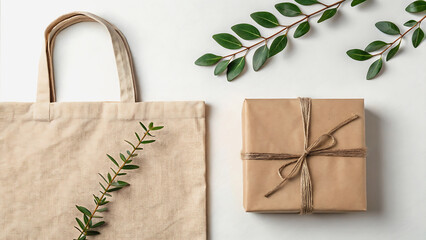Flat Lay Beige Cotton Tote Bag Brown Kraft Gift Box Green Greenery Branches Eco Friendly Sustainable Packaging
