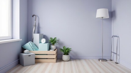 Cozy interior corner featuring light purple wall, wooden crate with decorative items, potted plants, and stylish lamp