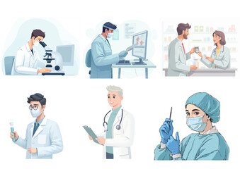 Six illustrations depict medical professionals in various settings