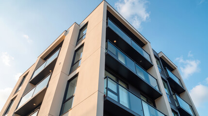 Modern apartment building with balconies and large windows under clear blue sky, showcasing contemporary architecture and urban living