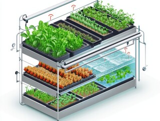 Isometric cutaway of an aquaponics farm system with fish tank, water circulation, LED-lit plant beds, and nutrient flow arrows. Sustainable farming illustration on white.