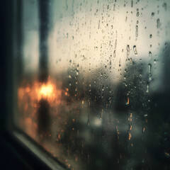 Obraz premium Rain-Kissed Window: A close-up, artistic view captures the subtle beauty of rain, transforming a window into a canvas of water droplets, blurring the city view beyond.