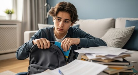 Teenage Boy Packing Backpack with School Supplies | Student Preparing for School at Home with Books and Papers