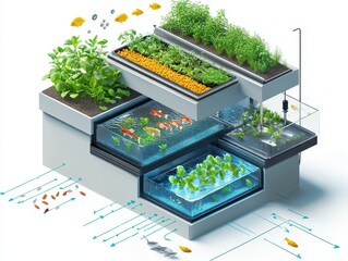 Isometric cutaway of an aquaponics farm system with fish tank, water circulation, LED-lit plant beds, and nutrient flow arrows. Sustainable farming illustration on white.