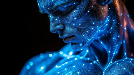 A stunning model with intricate body paint and tiny lights, merging artistry and technology in an ethereal way