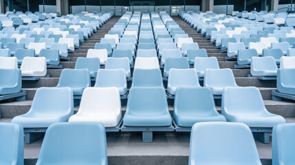 Fototapeta premium Empty stadium seating arranged in neat rows, showcasing modern design with light blue and white colors. atmosphere feels calm and inviting