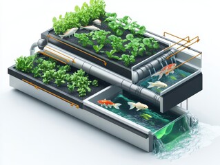 Isometric cutaway of an aquaponics farm system with fish tank, water circulation, LED-lit plant beds, and nutrient flow arrows. Sustainable farming illustration on white.