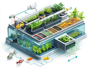Isometric cutaway of an aquaponics farm system with fish tank, water circulation, LED-lit plant beds, and nutrient flow arrows. Sustainable farming illustration on white.