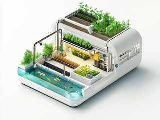 Isometric cutaway of an aquaponics farm system with fish tank, water circulation, LED-lit plant beds, and nutrient flow arrows. Sustainable farming illustration on white.