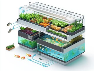 Isometric cutaway of an aquaponics farm system with fish tank, water circulation, LED-lit plant beds, and nutrient flow arrows. Sustainable farming illustration on white.