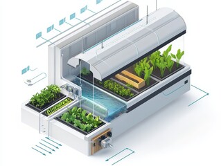 Isometric cutaway of an aquaponics farm system with fish tank, water circulation, LED-lit plant beds, and nutrient flow arrows. Sustainable farming illustration on white.