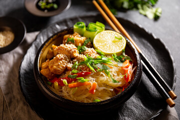 A bowl of glass or cellophane noodles with Asian caramelized chicken breast on a table